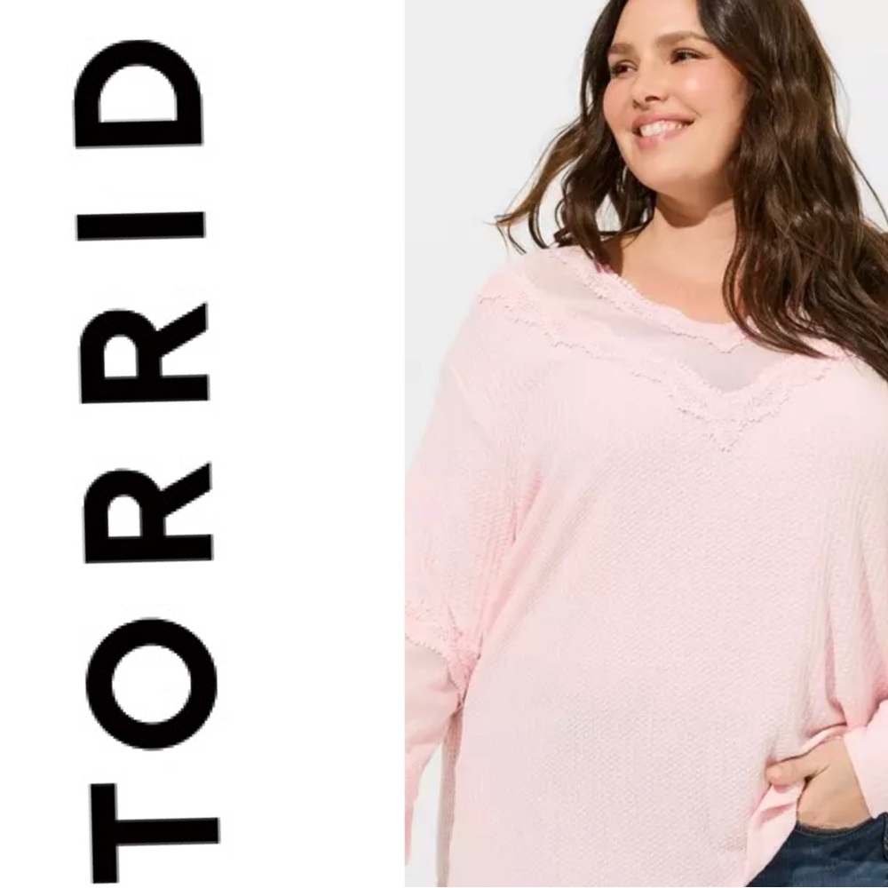 TORRID Waffle V-Neck Long Sleeve Mesh Inset Sweatshirt AlmondBlossom Pink Size 1